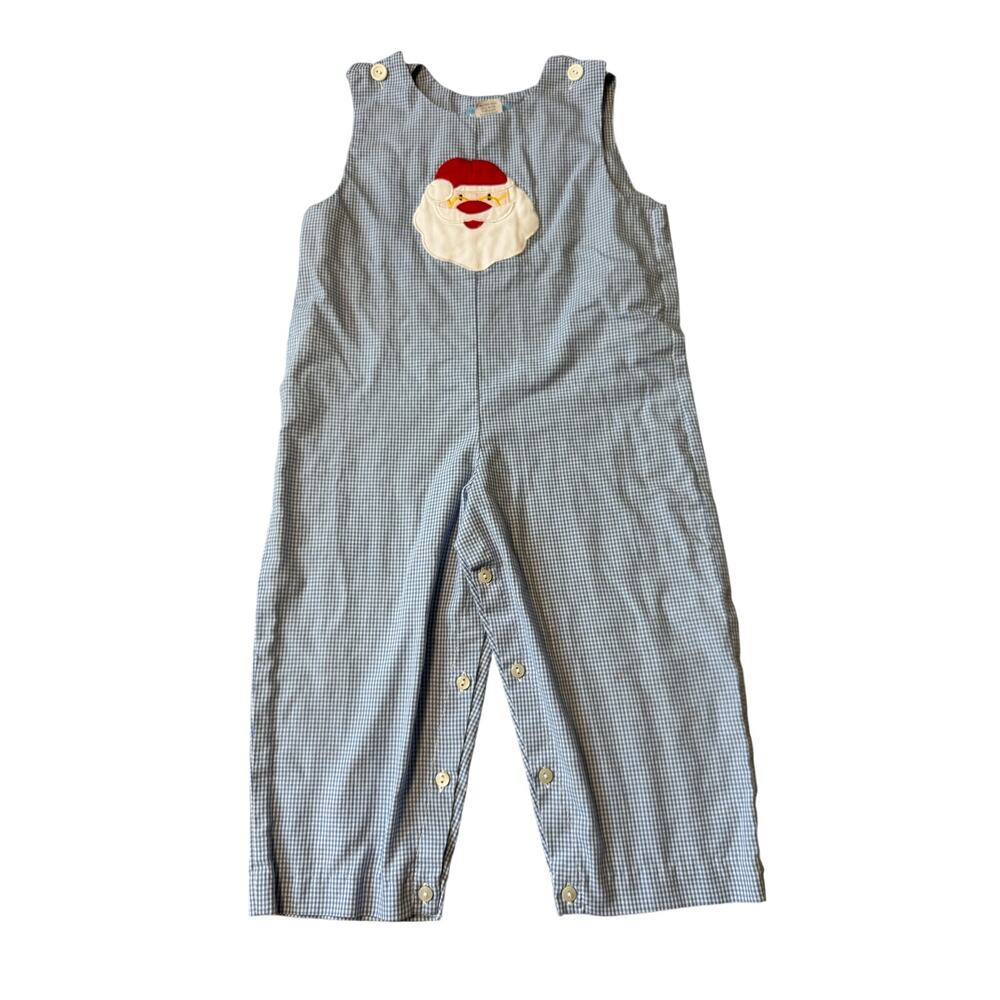Monday's Child Toddler Size 3 Blue Gingham Santa Applique Christmas Overall